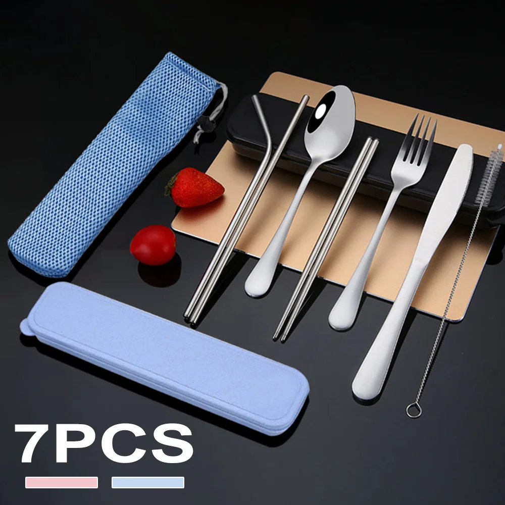 7 шт. Портативный Путешествия Посуда Набор Нержавеющая сталь набор столовых
