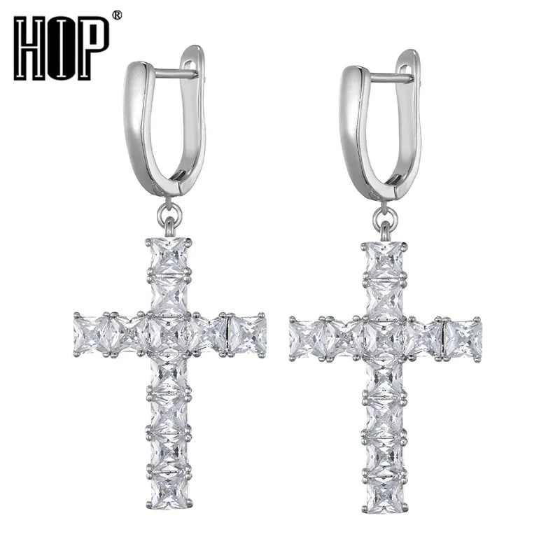 

1 Pair Gold Color Color Small Cross Drop Dangle Earrings Iced Out Bling CZ Cubic Zirconia For Men Women Hip Hop Jewelry