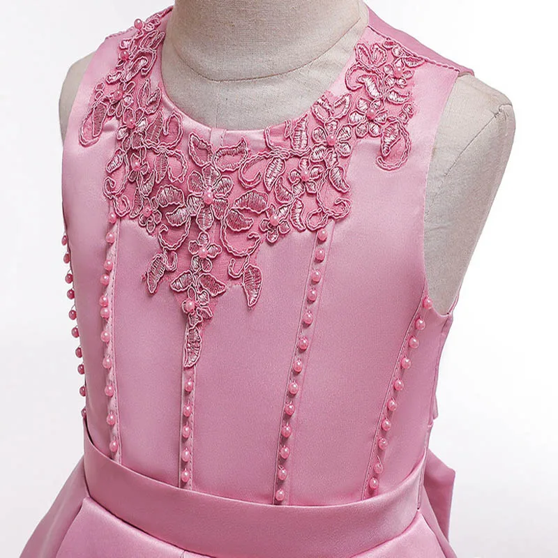 

Flower Girls Dress Illusion Sleeveless Embroidery Pearls Lace Luxury Light Blue O-Neck Knee-Length Kids Party Princess Gown F229