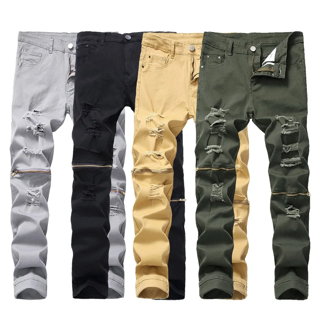 Для мужчин штаны с эластичной резинкой на личность рваные Стретч джинсовые брюки
