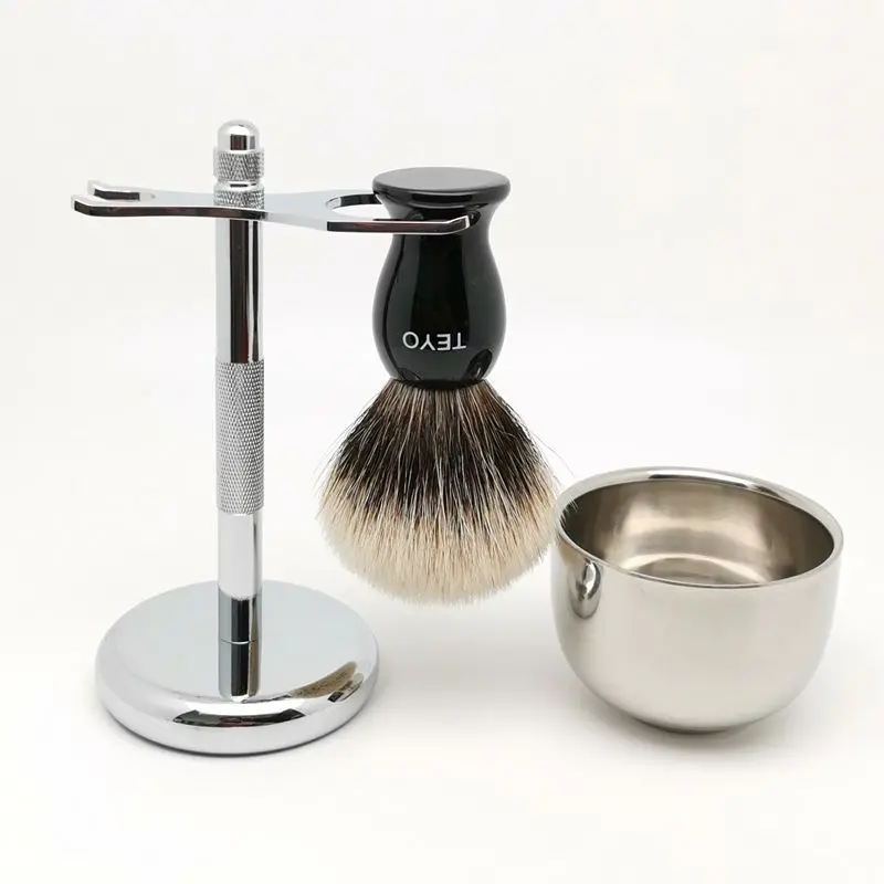 TEYO Two Band Silvertip Finest Badger Hair Shaving Brush Set Include Shaving Stand Bowl Perfect for Wet Shave Cream Beard Brush