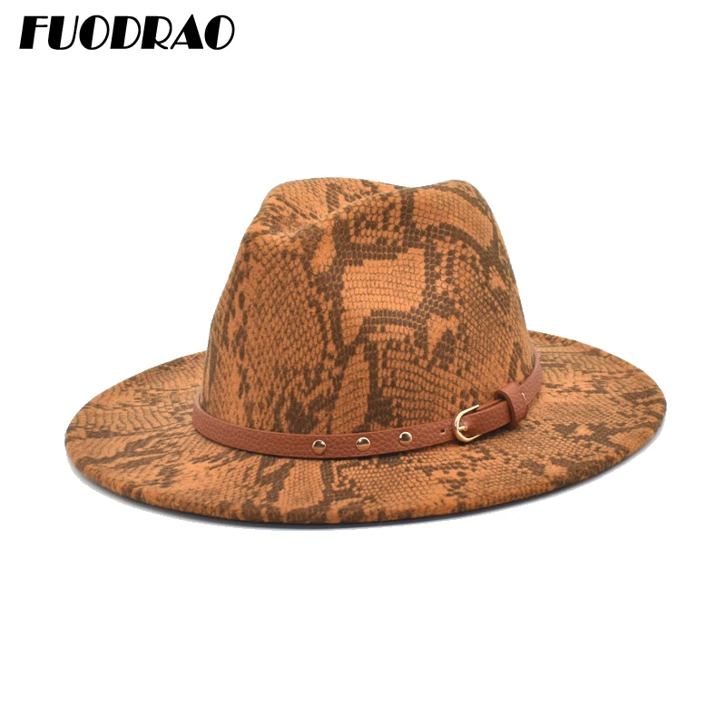

FUODRAO Fashion Women Wool Fedora Serpentine Jazz Hat Men Felt Wide Brim Fedora Vintage Panama Trilby Caps With Belt F144