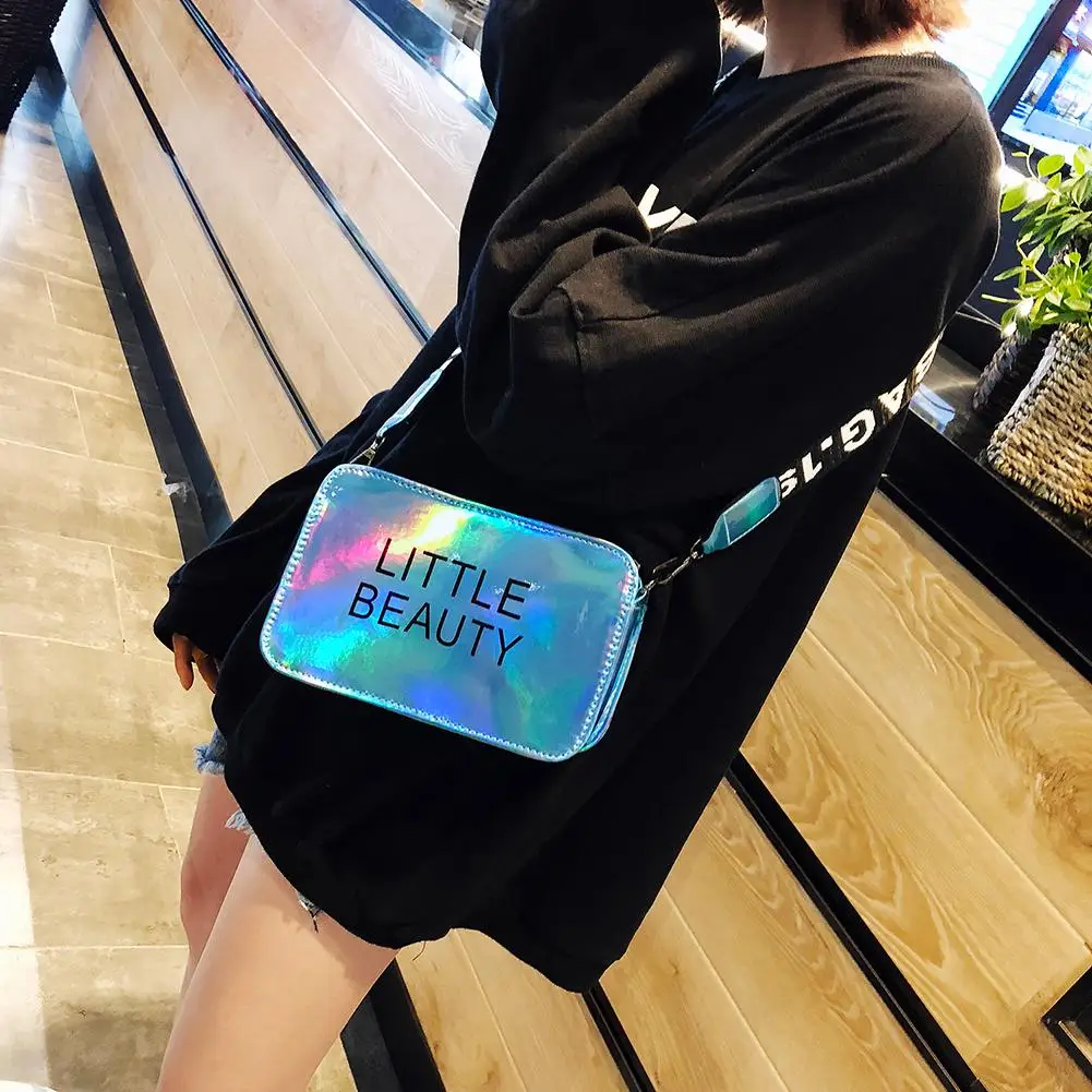 

Casual Laser Handbag European Women PU Leather Square Shoulder Messenger Bags Letter Printing Splicing Crossbody Sling Bag