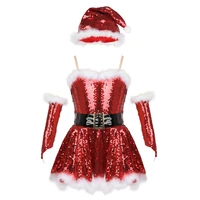 kids girls christmas santa costume ballet tutu dress outfit shiny sequins princess xmas party dress with hat and arm sleeves set