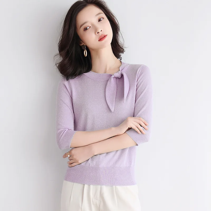 

Women Long Sleeve Sweater for Spring Autumn Casual Knnitted pullovers Solid color Butterfuly Collar