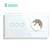 bseed touch light switch 3 gang 1 way with fr wall socket white black gold wall sensor switch crystal glass panel home
