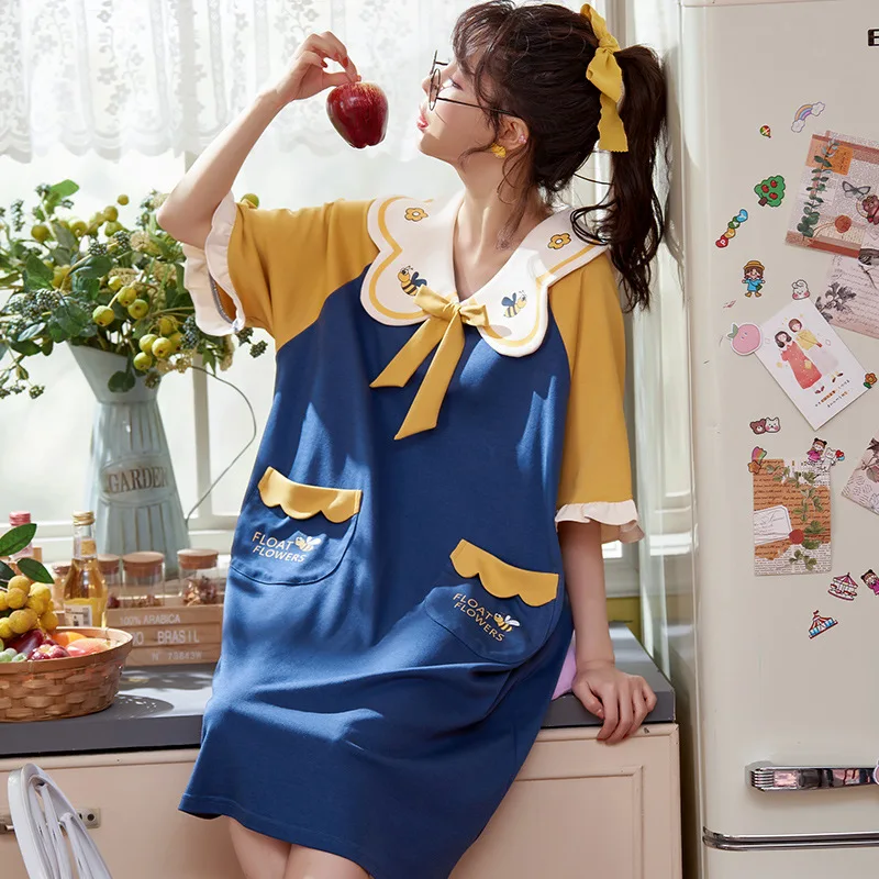 

Summer Cotton Mid-length Sleepshirts Japanese Kawaii Sweet Navy Collar Magic Element Girl Homewear Women Short Sleeve Nightdress