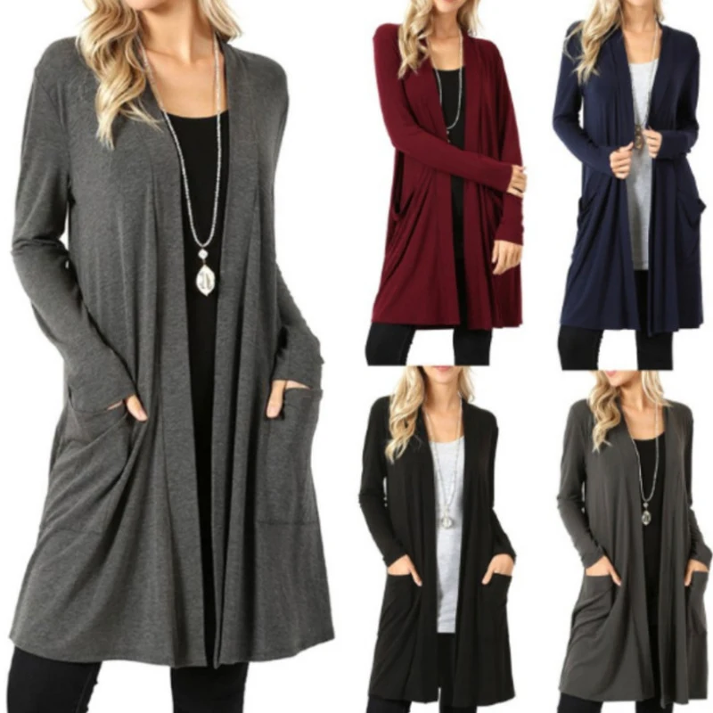

Solid Cardigan Female Middle Length Women Autumn Long Sleeved Thin Loose Coats Outwear Pocket Women Cardigan Long