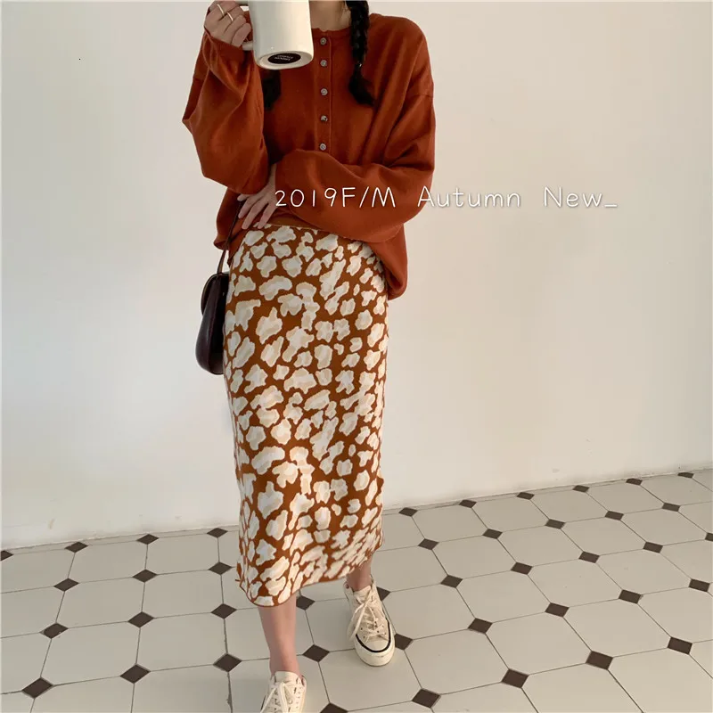 2019 зимние женские длинные вязаные юбки леопардовые прямые с высокой талией