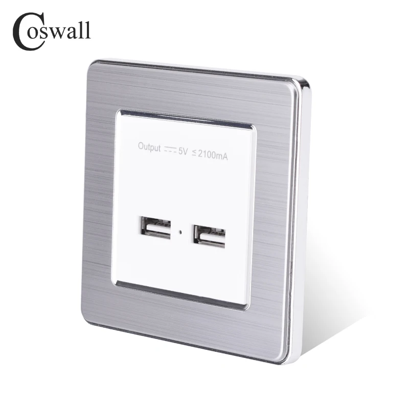 COSWALL настенная розетка с двумя usb-портами для зарядки для мобильных телефонов 5 в 2,1 А, светодиодный индикатор, панель из нержавеющей стали