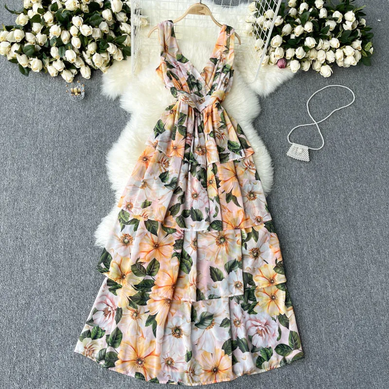 

Women Fashion Runway Designers Summer Long Maxi Chiffon Dress Floral Print Holiday Festa Elegant Lady Ruffles Party Vestidos