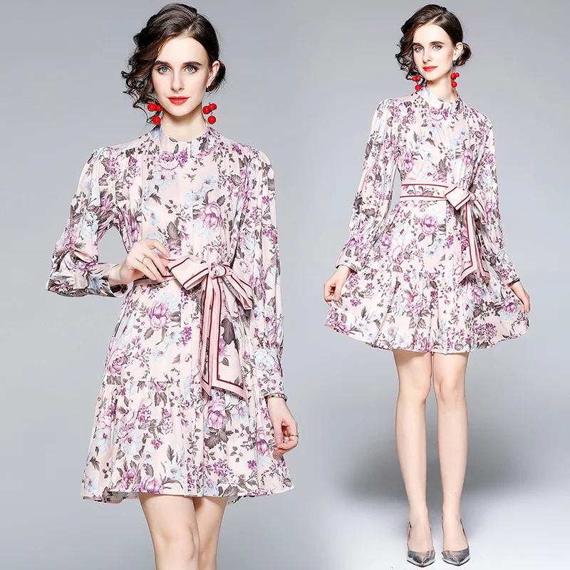 

Женское однобортное платье-рубашка, винтажное облегающее платье мини во французском стиле с цветочным принтом и длинным рукавом, осень 2021