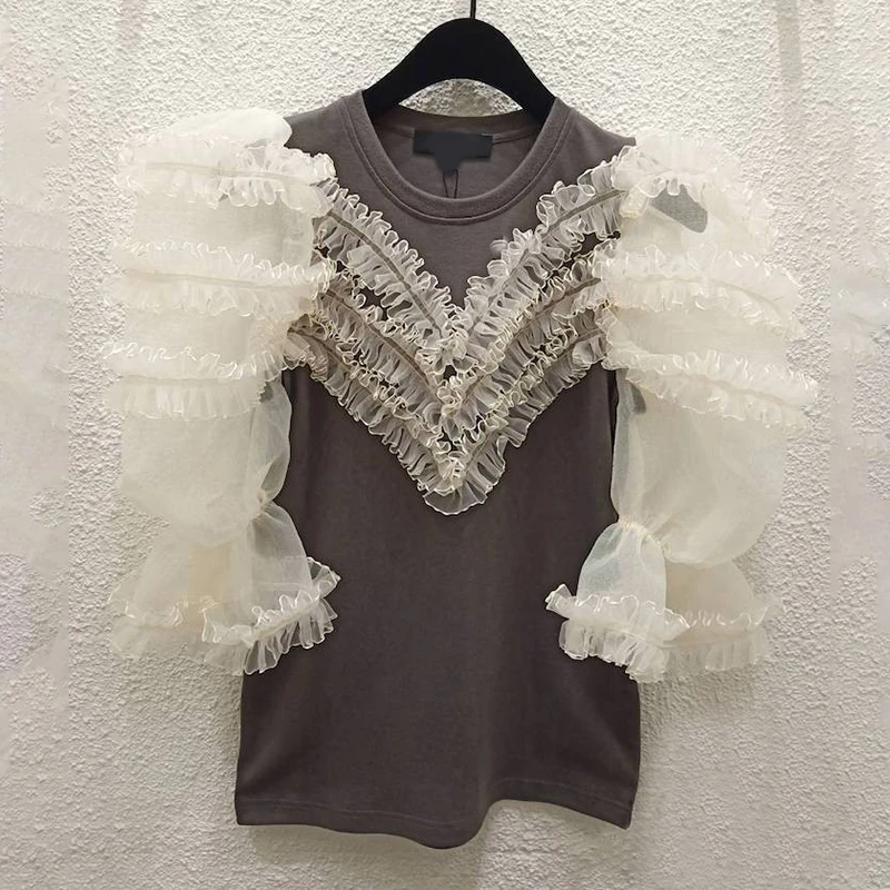 Женская Винтажная Футболка TWOTWINSTYLE с круглым вырезом рукавами-фонариками и