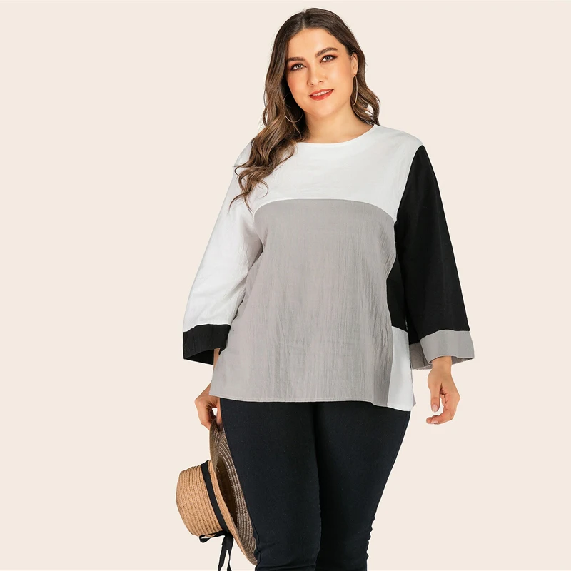 SHEIN/большие размеры; разноцветная блуза с широкими рукавами; Женская Повседневная блуза с круглым вырезом; сезон весна-осень; abaya Plus