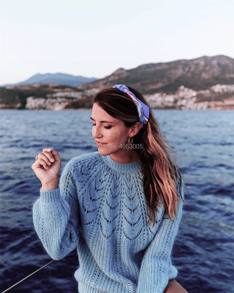 Новый стиль французский шик мохер смесь шерсти ажурный вязаный свитер круглый