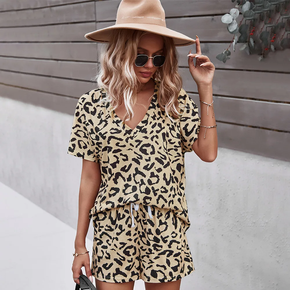 

All Match Leopard Summer Set Short Sleeve and Lace-up Shorts 2Piece Set Outfits Sexy Woman Casual Leisure Homewear