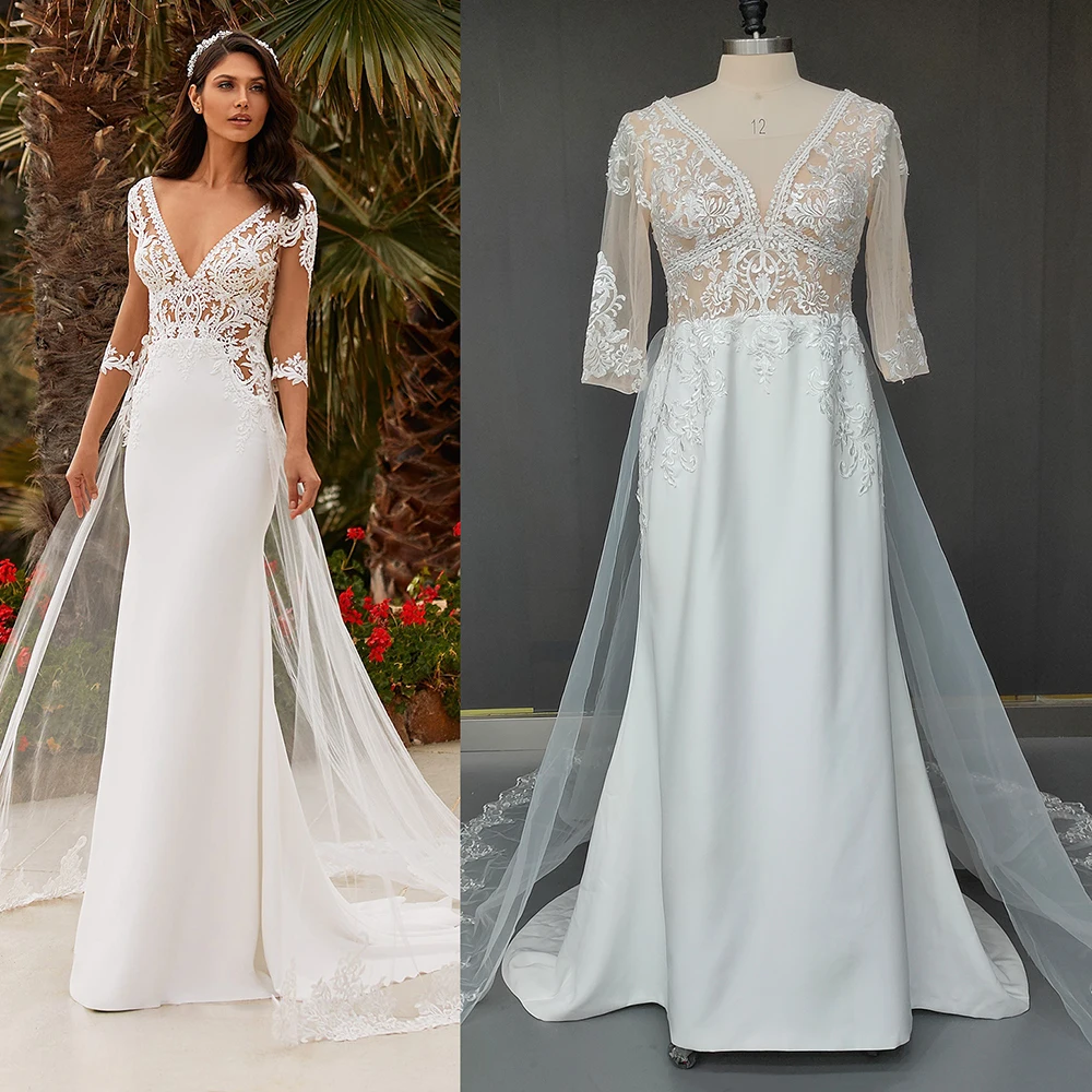 

Three Quarter Sleeves Lace Wedding Dress V Neck Mermaid Satin Beach Detachable Train Elegant Plus Size Bridal Gown Custom Made