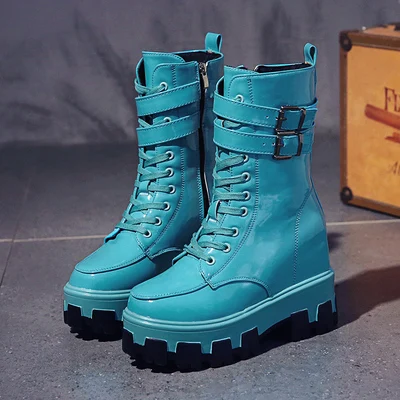 Sky Blue Женские ботинки до середины икры модная обувь для девушек из лакированной кожи ярких цветов г. Осенне-зимние женские ботинки на высоком каблуке, зимняя обувь - Цвет: Sky Blue