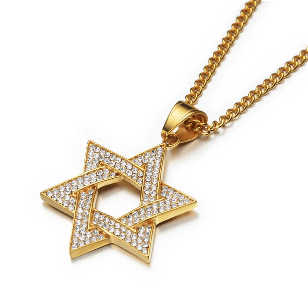 Купи Hip Hop Star of David Pendant Necklace For Men Gold Color Stainless Steel Hexagram Necklace Jewish Iced Out Bling Jewelry за 564 рублей в магазине AliExpress