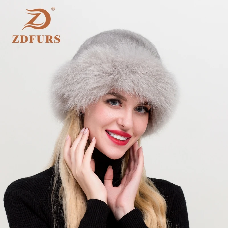 ZDFURS*New arrival brand women real mink fur hat fox fur trim natural mink fur cap whole skin winter Russian snow fedora hats