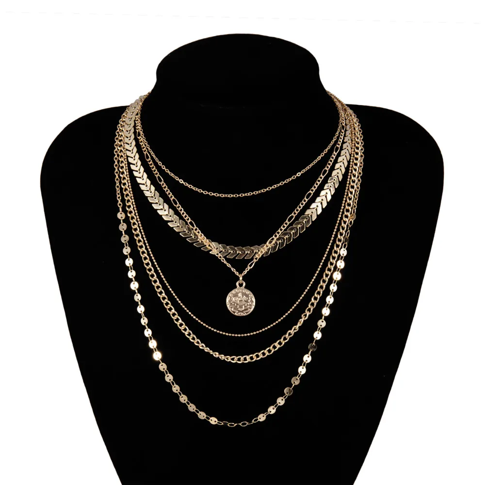 Преувеличенное многослойное ожерелье с кулоном в виде монеты для женщин с блестками и стрелой, цепочка на ключицу, колье, ошейник, массивное ювелирное изделие, подарок - Окраска металла: Gold