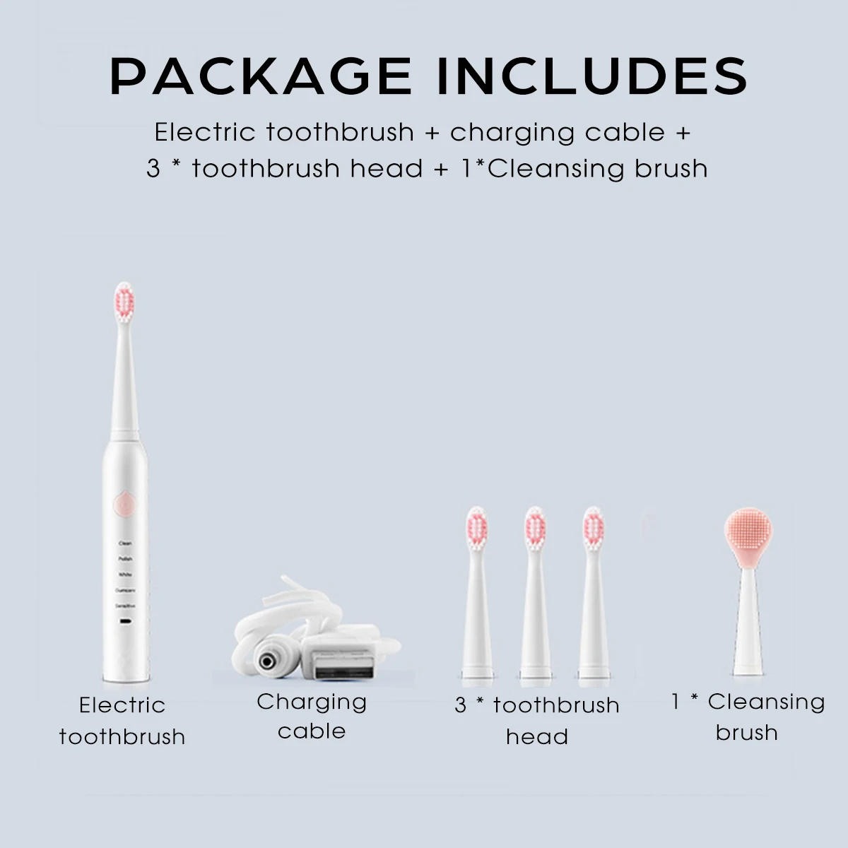 

2 In 1 Ultrasonic Clean Face Electric Toothbrush Adult Timer Brush 5 Mode USB Rechargeable Tooth Brushes Replacement Head Set