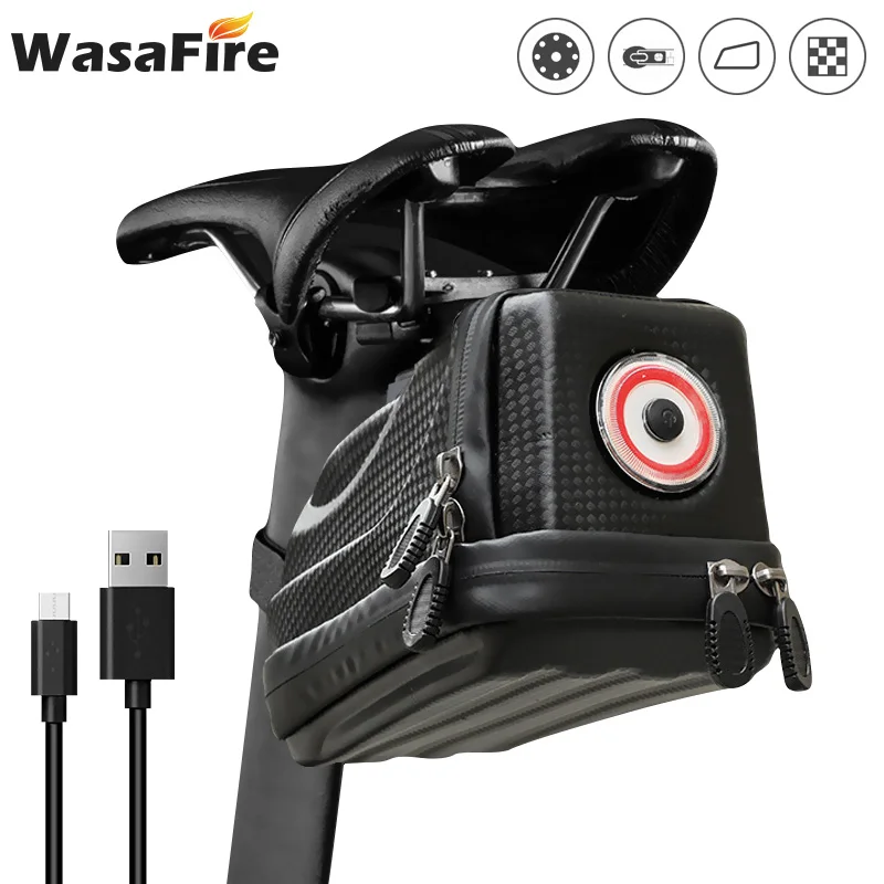 

Bicycle Saddle Bag with Lights Bike Seatpost Bag Rainproof Reflective Cycling Tail Rear Pouch Bags Panniers with Rainproof Cover