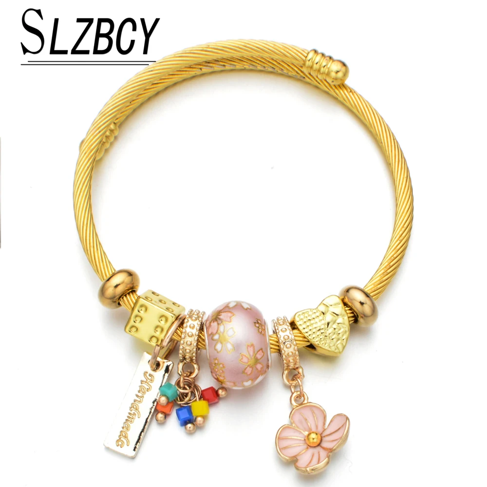 Женский браслет из нержавеющей стали с цветком браслеты золотого цвета