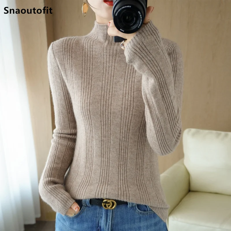 

Pure Woolen Sweater Women's Self-Cultivation Pullover Knit Bottoming Top Half High Collar Vertical Strips 2021 Autumn Winter New