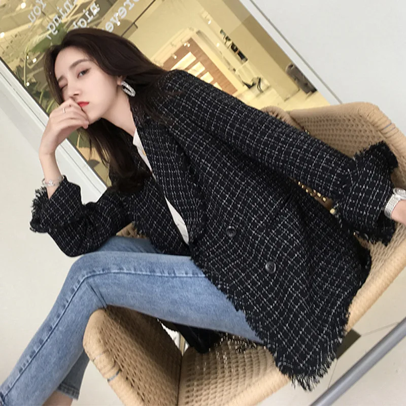 New Style Elegant Tassled Plaid Black Small Suit Jacket Women's Short Graceful Coat | Женская одежда