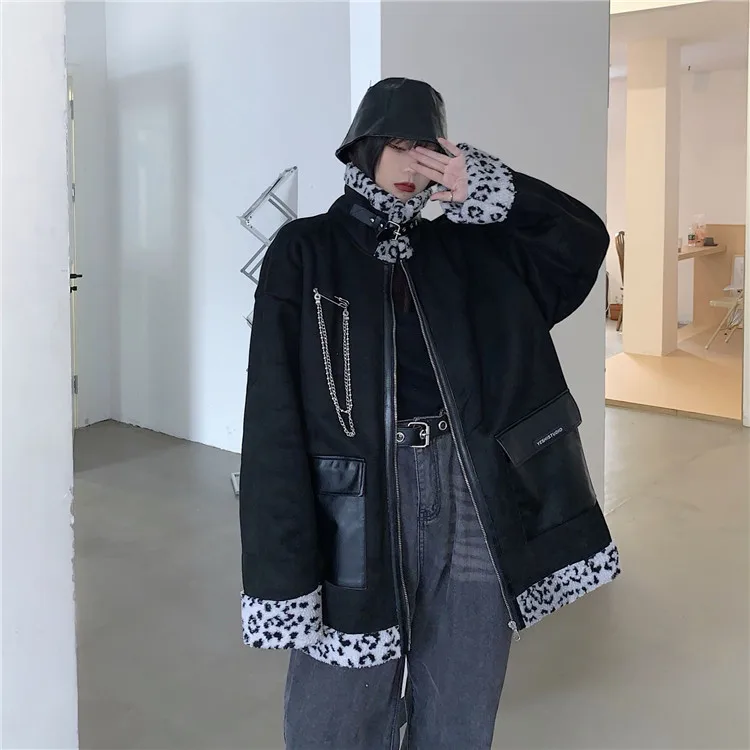 

Winter Warm Thick Jacket Women Harajuku Leopard Two-sided Outwear Oversize Faux Fur Lamb Plush Cotton Tooling Coat Clothes