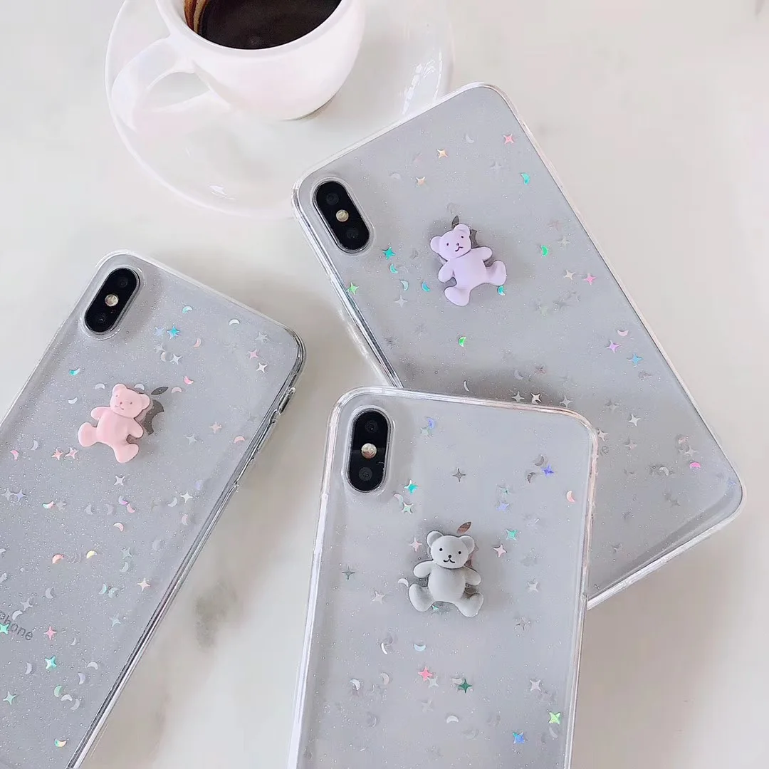 INS Korea Cool Cute Cartoon 3D Bear phone case for iphone Xs MAX XR X 6 6s 7 8 plus Star moon Clear Soft TPU Back Cover |
