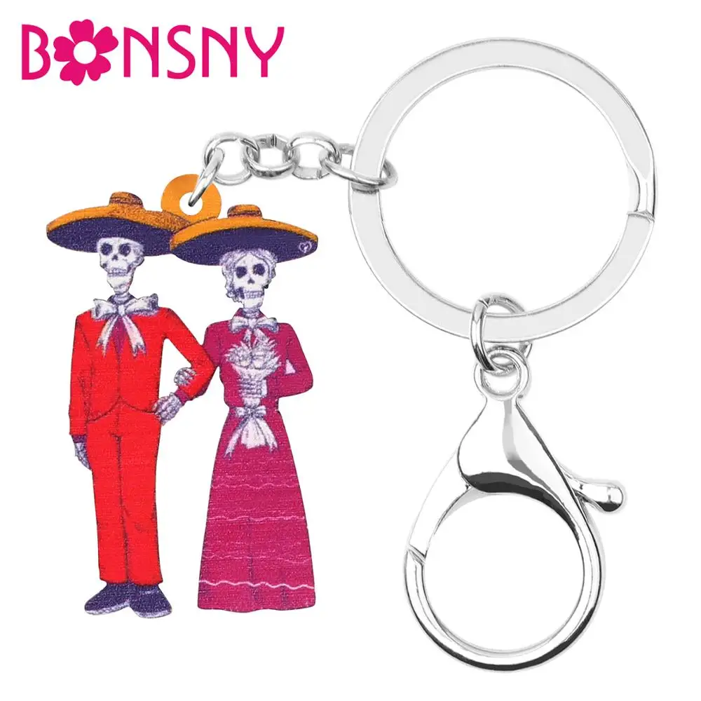 Bonsny акриловые Хэллоуин Аниме Череп Скелеты пара ключи цепочки Ключи Кольца сумка