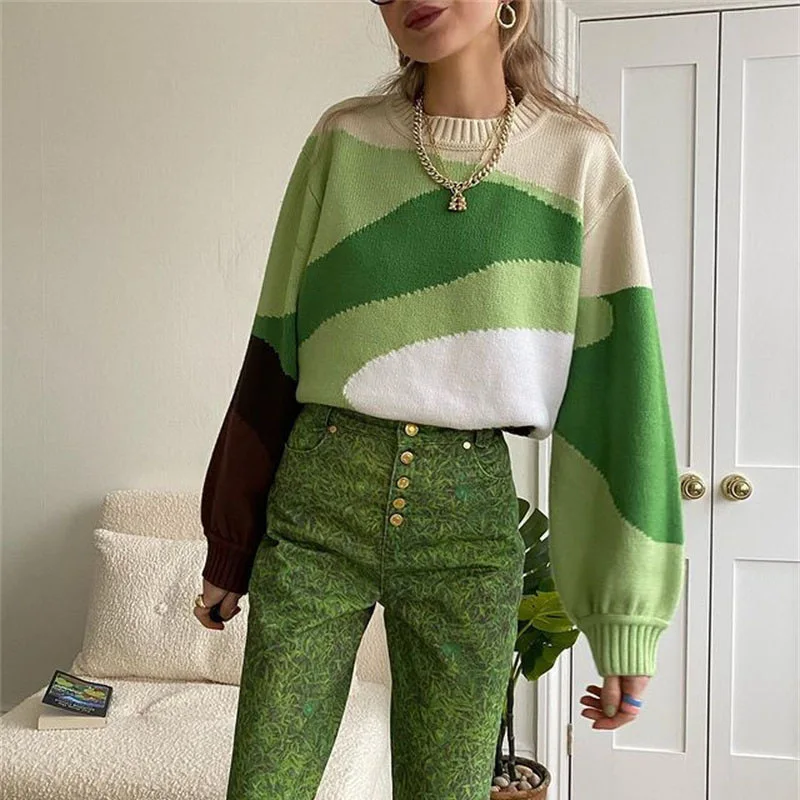 

Sweater Women O-neck Contrast Color Knitted Sweater Pullover Autumn Winter Thick Casual Tops Loose Streetwear Ladies Pullovers