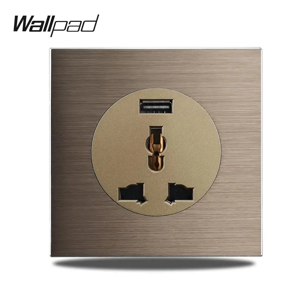 

Wallpad L6 EU UK Universal Wall Power Socket With 2.1A USB Charging Outlet Brown Brushed Aluminum Panel 86 * 86mm