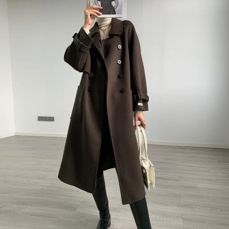 

new double faced cashmere coat women's medium and long high-end temperament double row button wool coat