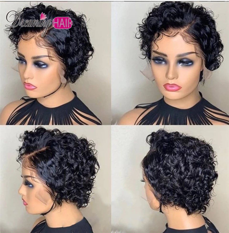 Pixie Cut парик кудрявый боб кружевные передние человеческие волосы парики для