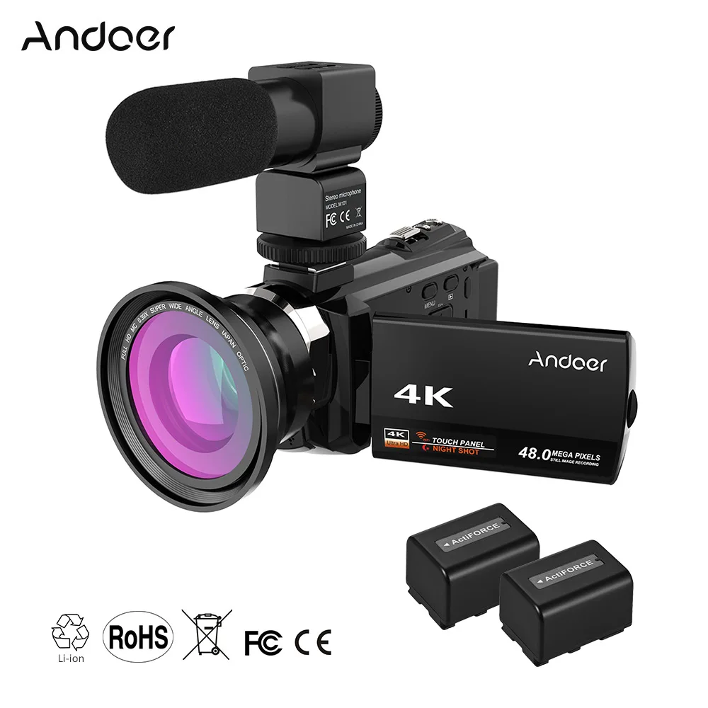 Black 4 Andoer WiFi цифровая видеокамера 4K 1080P 48MP камера видеокамера рекордер с 2 перезаряжаемыми батареями 0.39X широкоугольный объектив микрофон - Цвет: Black 4