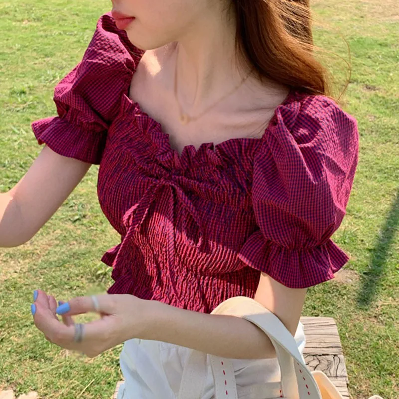 

Retro Classic Plaid Women Short Tops Fashion Sweet Square Collar Puff Sleeve Pleated Blouse With Bow