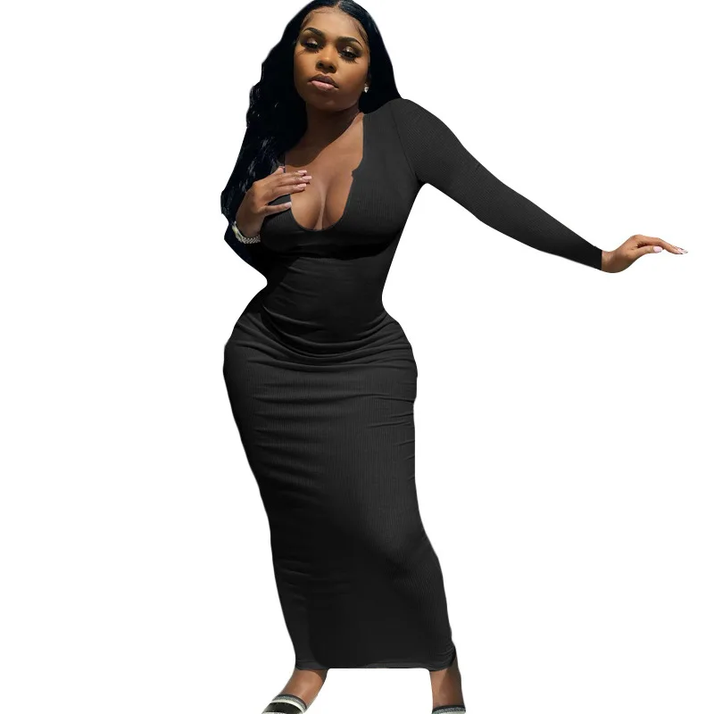 

Sexy Women Full Sleeve Solid Color Knit Ribbed Deep V-neck Streetwear Long Dress Summer Clothes For Women Vestidos