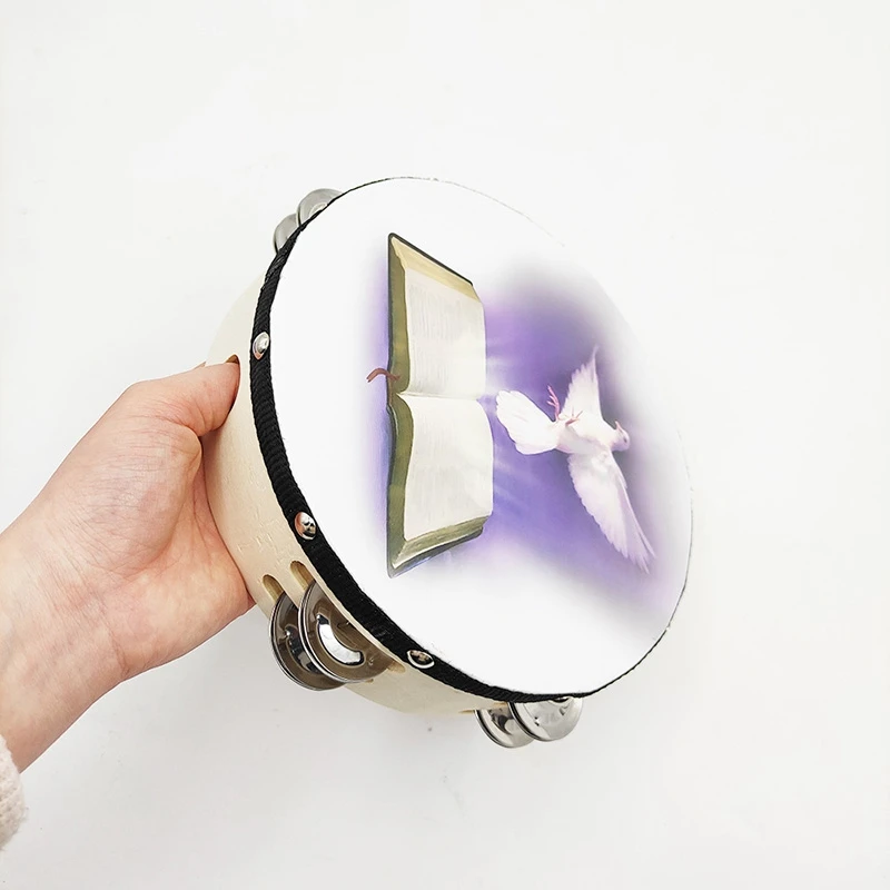Double Row Jingle Tambourine Hand Bell Clap Drum Percussion Instrument with Dove & BIBLE Pattern 8 Inches | Спорт и развлечения