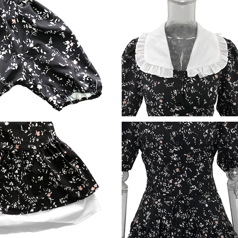 

Fashion Peter Pan Collar Dresses Women Elegant Prairie Chic Fake Two Printed Dress Women Slim Puff Sleeve Mini Dresses Ladies