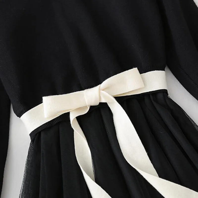 

2021 Autumn Winter Women Knitted Dress Vintage Mesh Patchwork Sweater Dresses Bow Elegant Lady Long Sleeve Dress Vestidos