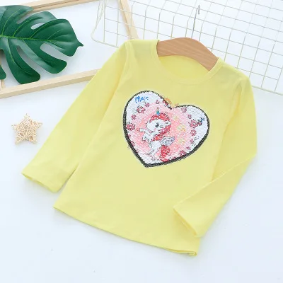 yellow Модная весенняя брендовая одежда для маленьких девочек милые футболки с длинными рукавами с изображением единорога и блестками Хлопковые вязаные футболки Одежда для девочек - Цвет: yellow
