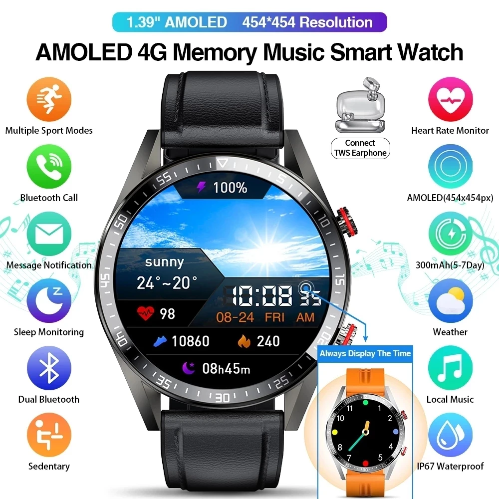 

LIGE AMOLED display Smart Watch 454*454 Smartwatch Always display the time bluetooth call music smartwatch for men TWS earphones