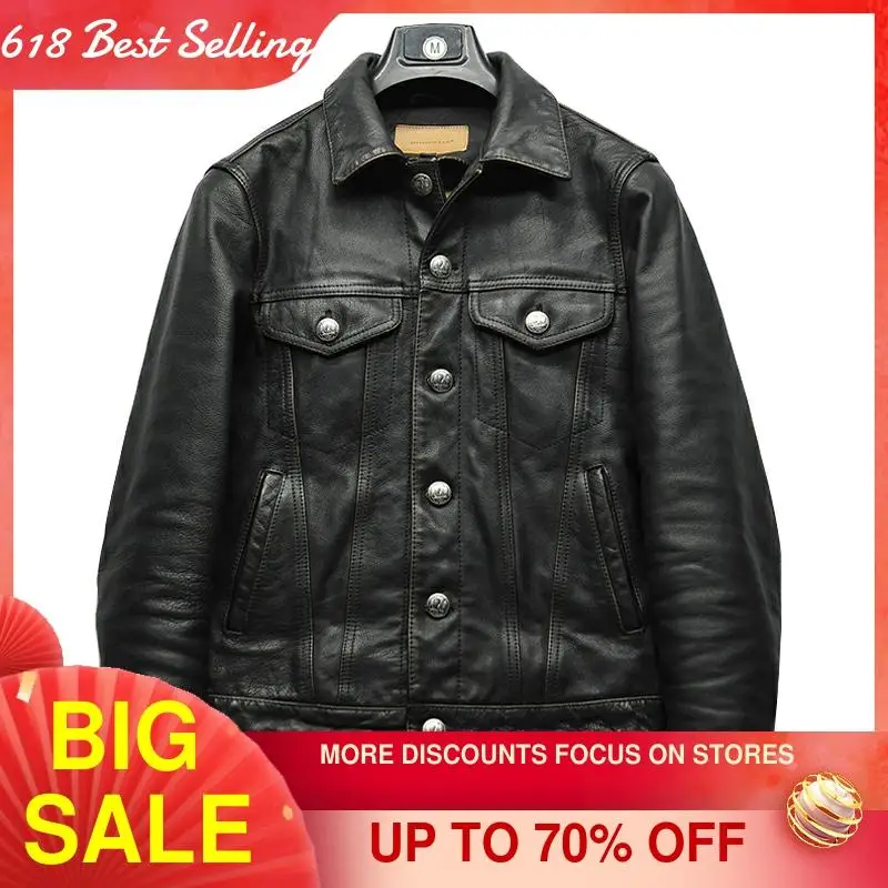 

2021 Vintage Black American Retro Style Genuine Leather Jacket Men Single Breasted Large Size 4XL Natural Cowhide Spring Coat