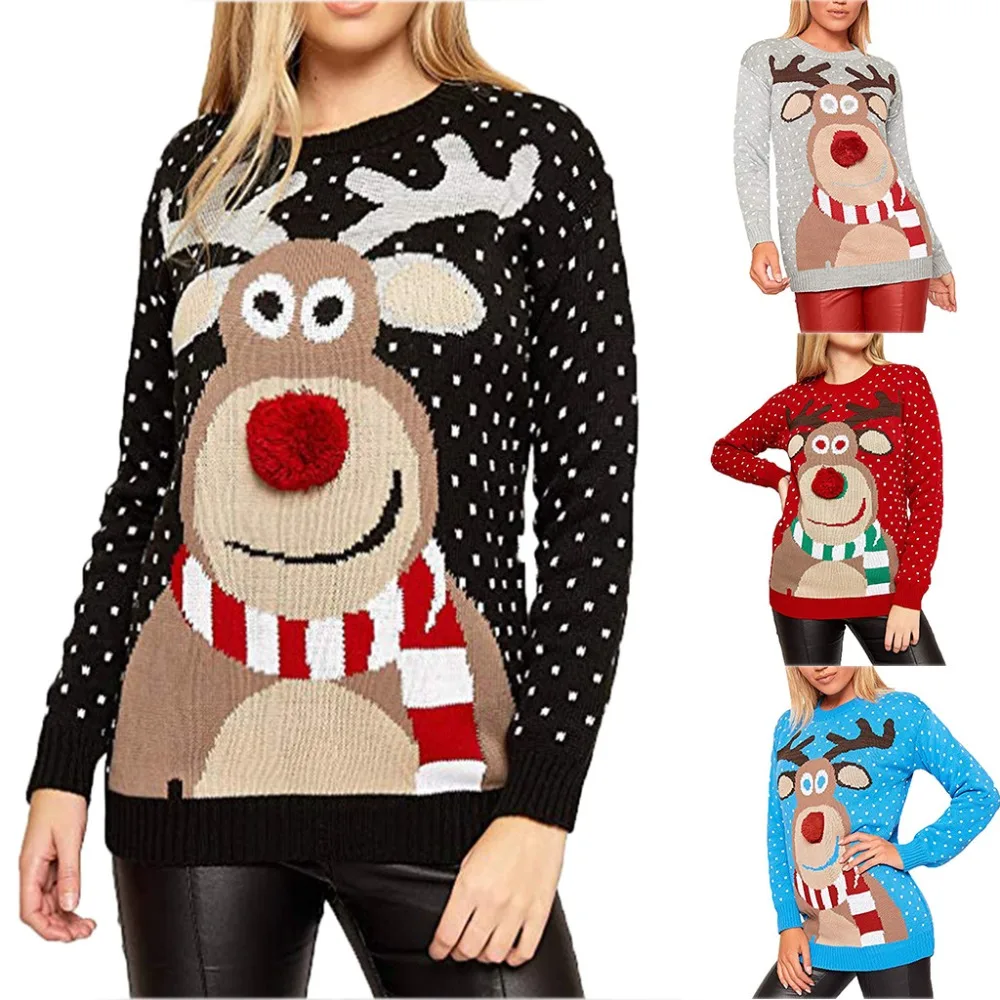 Women Ugly Christmas Sweater Hot Deer Knitted New Long Sleeve Jumper Tops O-Neck Santa Claus Fashion Blouse | Женская одежда