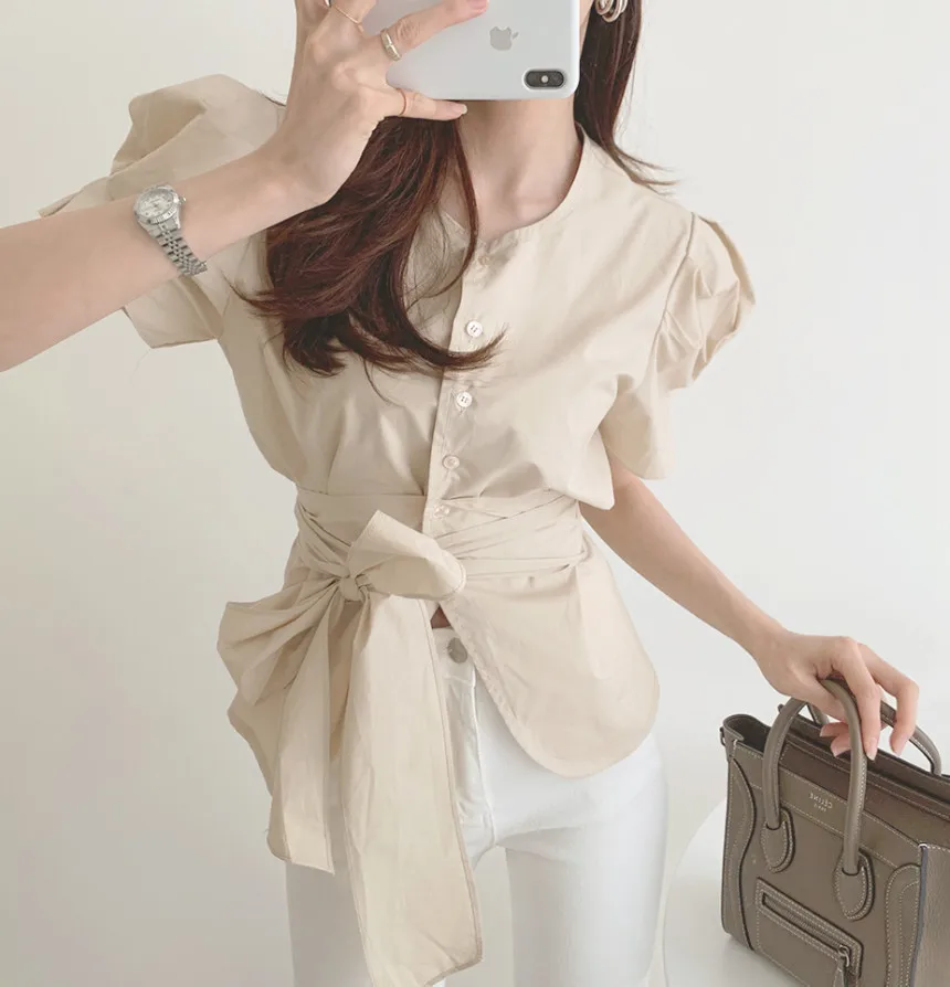 

Up High Stylish Lace Chic Tops Waist Plus Casual Streetwear Girls Shirts Sweet Femme HziriP Bow Basic Summer Size O-Neck O-Neck