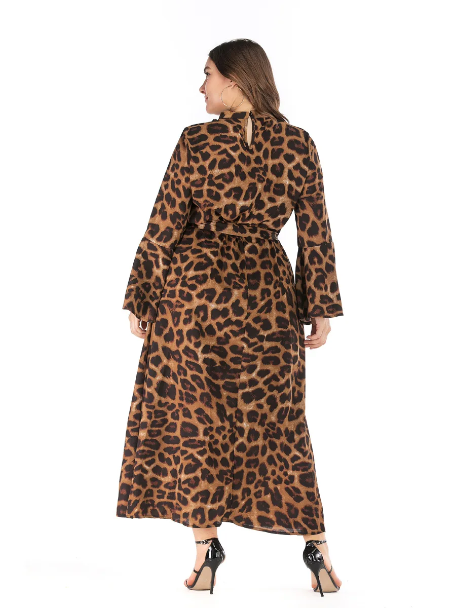Женское платье макси с V образным вырезом Расклешенным рукавом и леопардовым