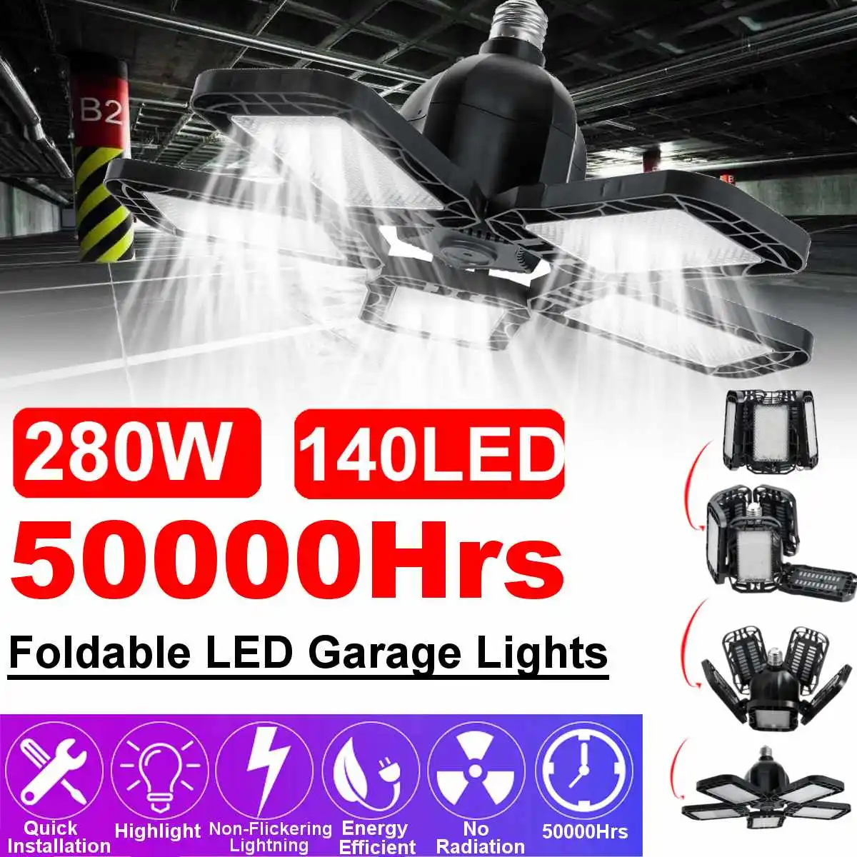 

New 280W 140leds SMD2835 Foldable LED Garage Lights 50000Hrs High Power Light For Warehouse Factory Garage Basement Gym